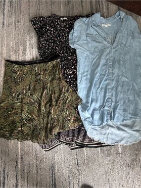 LOTS Light Blue Button-Up Shirt + Black Floral Dress + Green Patterned Skirt